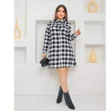 Checkered Shirt Dress With Buttons - màu đen - Xem 3