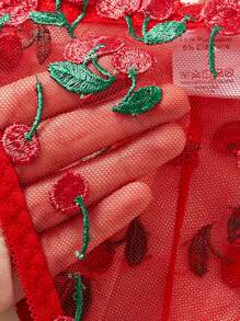 2pcs Women's Sexy Lingerie Set, Red Mesh Sheer Chemise With Cherry Embroidery, Adjustable Push-Up Bralette And Panty, Intimate Nightwear For Valentine's Day & Clubwear, Going Out