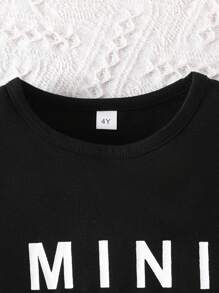 Young Girl 2pcs/Set Letter Printed Crop Top And Plaid Slip Dress - Black - View 2