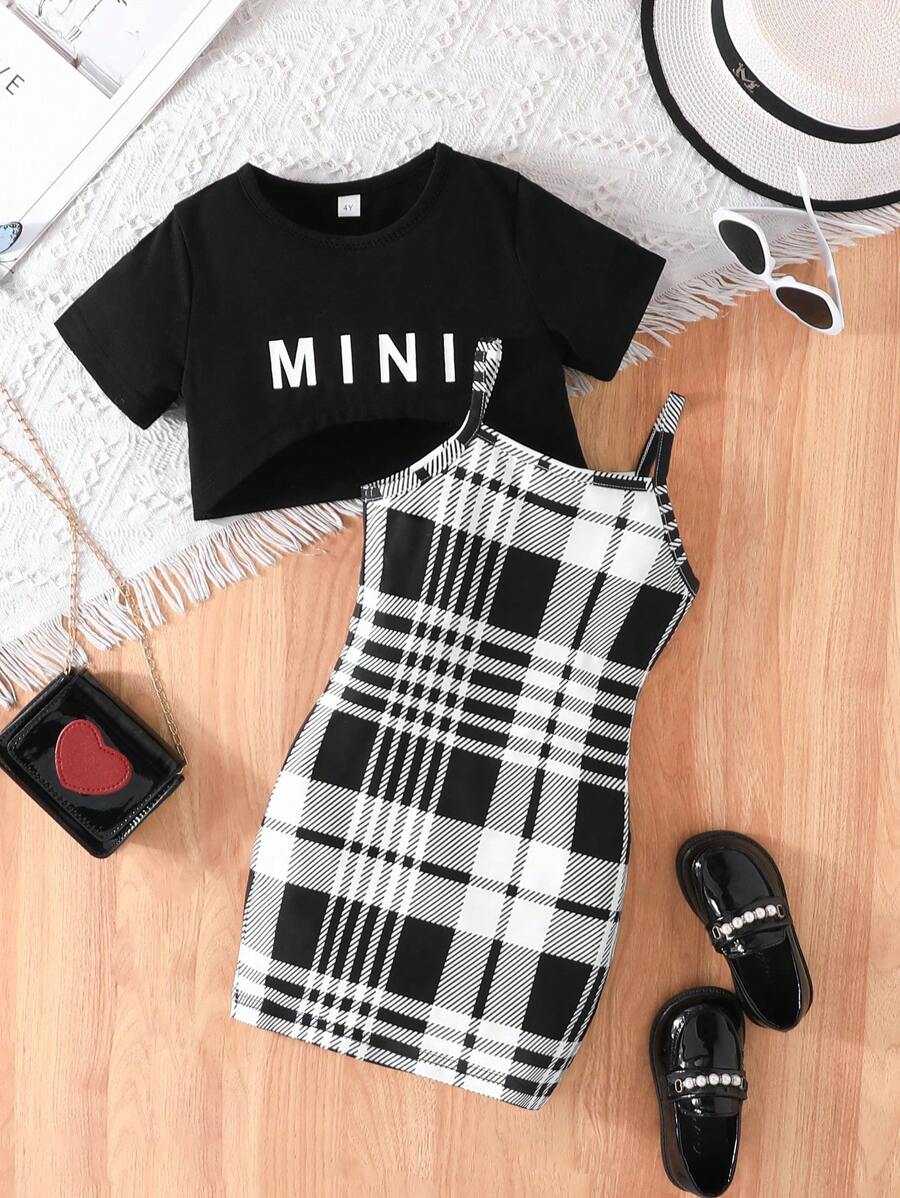 Young Girl 2pcs/Set Letter Printed Crop Top And Plaid Slip Dress - Black - View 1