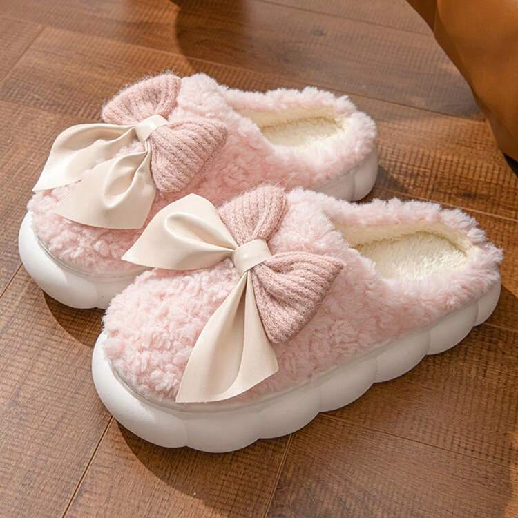 Women's Comfortable Winter Slippers With Bow - Plush Lining, Non-Slip Thick Sole Indoor Shoes, Warm & Cozy Ladies Slippers (Bow And Slipper Color May Vary By Batch) - Pink - View 3