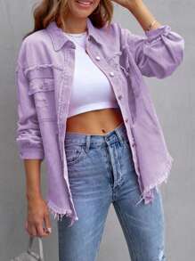 Women's Jeans Coat Ripped Distressed Denim Jacket Long Sleeve Button Down Boyfriend Jeans Coat Trucker Jacket - Purple - View 5
