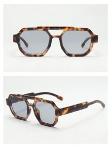 1pc Men's Double Bridge Square Frame Minimalist Stylish Glasses, Suitable For Driving, Travel, Casual, Vacation, Outdoor, Daily Use - Tortoise Shell Frame Gray Tablet - View 3