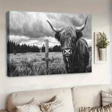1pc Framed Highland Cow Wall Art Animals Poster Black And White Nature Prints Rustic Highland Cow Print Cow Wall Art Print Farmhouse Decor Farmhouse Artwork For Living Room Bedroom Office Decor - 淺灰色 - 查看 3