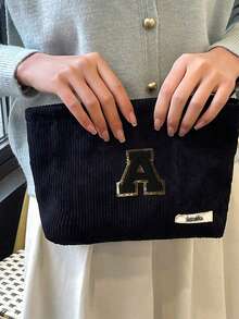 Túi cầm tay nhung kẻ, Túi đựng đồ trang điểm, Túi đựng đồ sọc đơn giản khi đi du lịch, Khăn đen thêu chữ A-Z, Ví đựng mỹ phẩm màu trơn, Túi đựng đồ trang điểm du lịch nhung kẻ dung tích lớn: Hoàn hảo cho việc làm đẹp khi di chuyển! Túi đựng đồ mỹ phẩm du lịch, Đơn giản và cao cấp, Đựng phụ kiện, Thích hợp để cất giữ trong ký túc xá, Du lịch, Đi công tác, Bơi lội, Đựng đồ tại nhà - màu đen - Xem 8