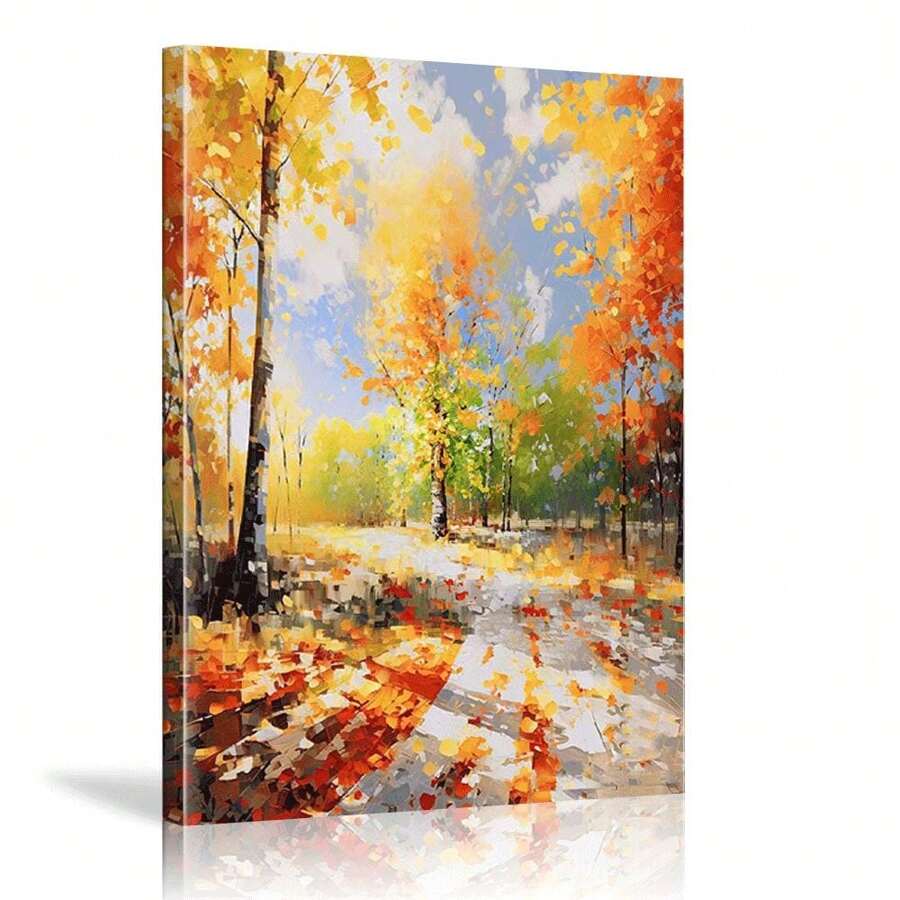 1pcs Framed Forrest Tree Wall Canvas Art Painting, Birch Tree Painting, Abstract Landscape Art, Original Oil Painting Print Poster, Suitable For Country Farmhouse Living Room Kitchen Bedroom Entryway Porch Hotel Apartment Classroom Dormitory Home Office Wall Decor Ready To Hang - Multicolor - View 1