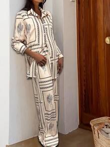 Nuevo conjunto de 2 piezas de pantalones largos y camisa con botones y estampado aleatorio, elegante y casual, adecuado para bodas - Albaricoque - Ver 1