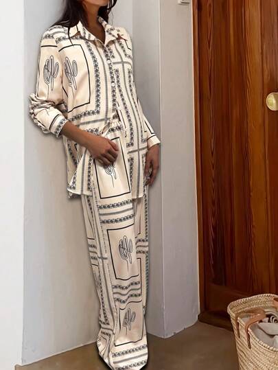Nuevo conjunto de 2 piezas de pantalones largos y camisa con botones y estampado aleatorio, elegante y casual, adecuado para bodas