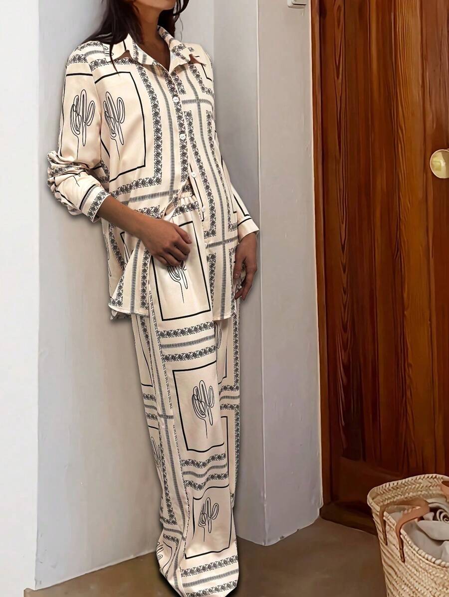 Nuevo conjunto de 2 piezas de pantalones largos y camisa con botones y estampado aleatorio, elegante y casual, adecuado para bodas - Albaricoque - Ver 1