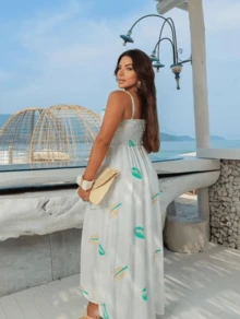 MIDI DRESS WITH FLORAL PRINT AND WHITE, WITH STRAPS AND FRONT TIE, LOOSE FIT, SUMMER FASHION. - 綠色 - 查看 2