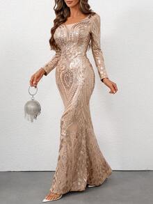 女士亮片美人鱼下摆长袖优雅婚礼宴会毕业派对礼服 - 香檳色 - 查看 6