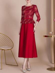 Stunning Sparkling Sequin Gown 2 In 1 Dress - Elegant 3/4 Sleeves, Fitted Cut, Round Neck, Women Evening And Banquet Dress - Formal Wear, Special Occasion Wear, Bridesmaid Dress