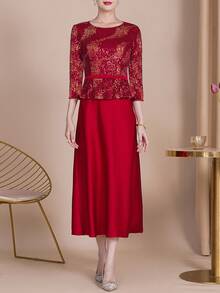 Stunning Sparkling Sequin Gown 2 In 1 Dress - Elegant 3/4 Sleeves, Fitted Cut, Round Neck, Women Evening And Banquet Dress - Formal Wear, Special Occasion Wear, Bridesmaid Dress