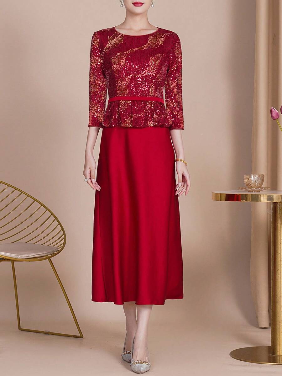 Stunning Sparkling Sequin Gown 2 In 1 Dress - Elegant 3/4 Sleeves, Fitted Cut, Round Neck, Women Evening And Banquet Dress - Formal Wear, Special Occasion Wear, Bridesmaid Dress