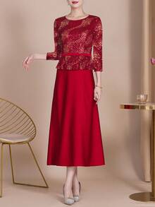 Stunning Sparkling Sequin Gown 2 In 1 Dress - Elegant 3/4 Sleeves, Fitted Cut, Round Neck, Women Evening And Banquet Dress - Formal Wear, Special Occasion Wear, Bridesmaid Dress