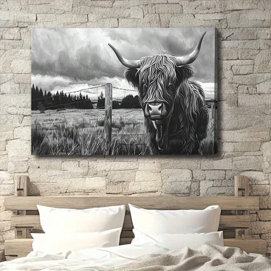 1pc Framed Highland Cow Wall Art Animals Poster Black And White Nature Prints Rustic Highland Cow Print Cow Wall Art Print Farmhouse Decor Farmhouse Artwork For Living Room Bedroom Office Decor - 淺灰色 - 查看 1