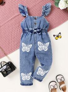 Conjunto de 2 peças/jovem menina elegante doce fofo listra sólida camiseta e borboleta estampado babados jeans macacão roupa casual diária festa de feriado