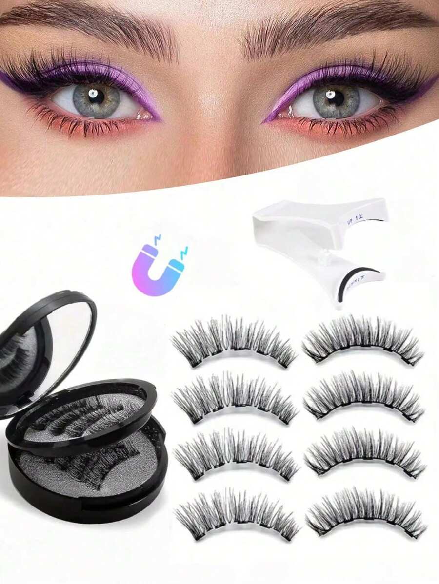 可重复使用的磁性双睫毛套装 - 轻松、自然、防水、无胶、易于佩戴、3D 假睫毛，配有涂抹器，可打造戏剧性的眼妆