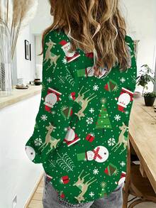 女士雪人印花长袖衬衫，秋季时尚 - 綠色 - 查看 2