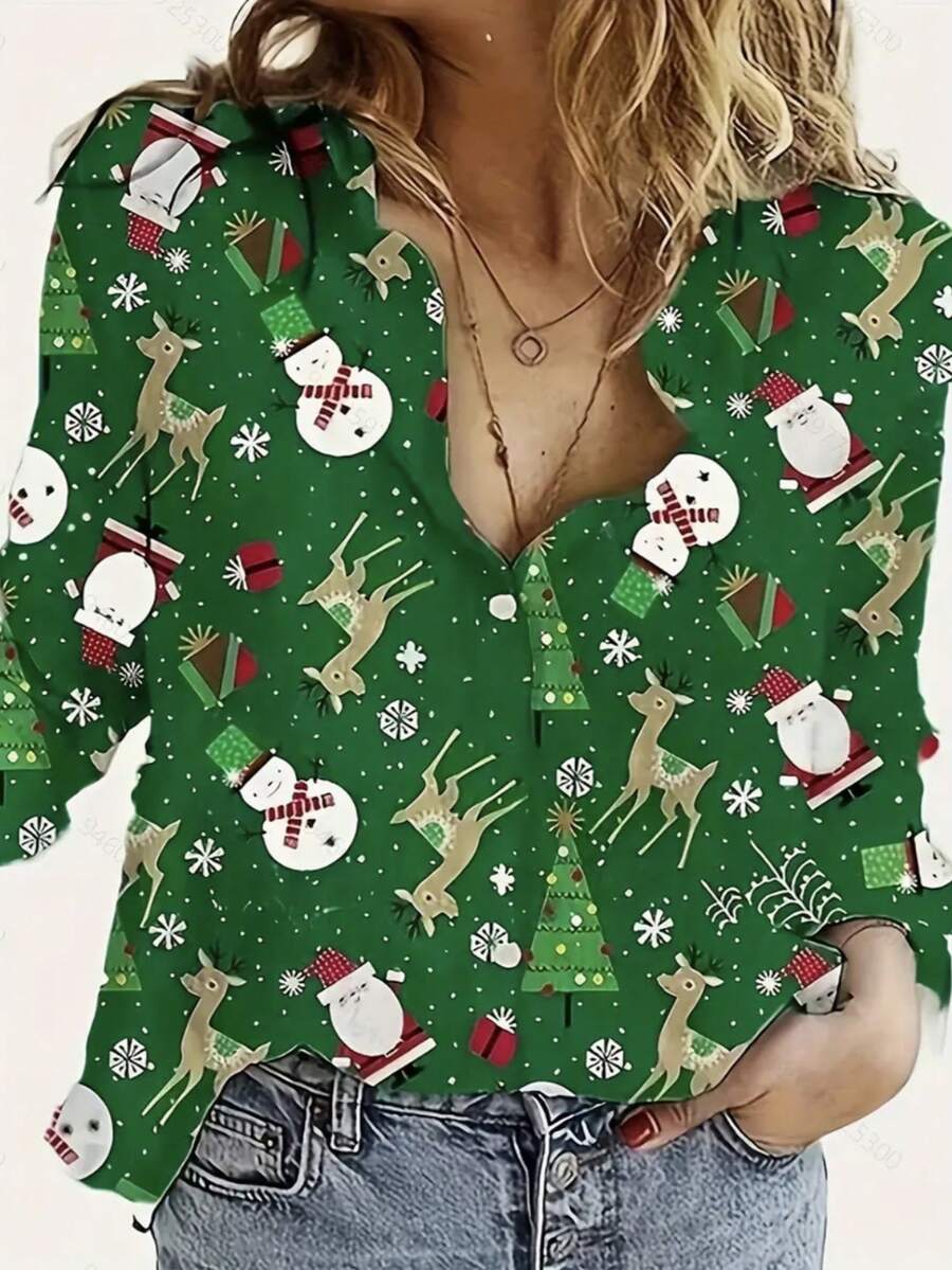 女士雪人印花长袖衬衫，秋季时尚 - 綠色 - 查看 1