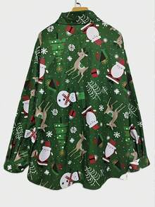 女士雪人印花长袖衬衫，秋季时尚 - 綠色 - 查看 5