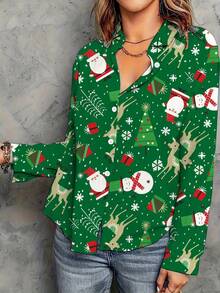 女士雪人印花长袖衬衫，秋季时尚 - 綠色 - 查看 3