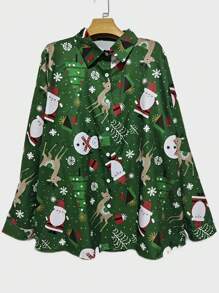 女士雪人印花长袖衬衫，秋季时尚 - 綠色 - 查看 4