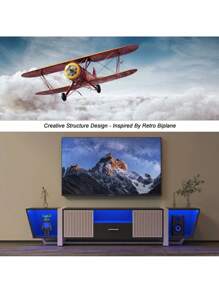TV Console With Large Storage Cabinets, Biplane Shape Design LED TV Stand With Remote Control, Multiple Modes Changing Lights Modern Entertainment Center With Power Cord, Black,Good Furniture