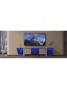 TV Console With Large Storage Cabinets, Biplane Shape Design LED TV Stand With Remote Control, Multiple Modes Changing Lights Modern Entertainment Center With Power Cord, Black,Good Furniture