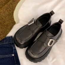 Autumn Women's Loafers With Thick Soles, British Style One-Foot Stirrup And Metal Buckle, Small Leather Shoes For Casual Fashion. - 灰色 - 查看 2