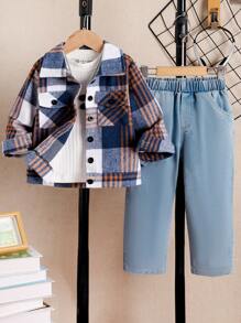 Bộ 2 áo sơ mi kẻ caro dài tay dày dặn và quần denim cho bé trai, mùa xuân và thu - Nhiều màu - Xem 1