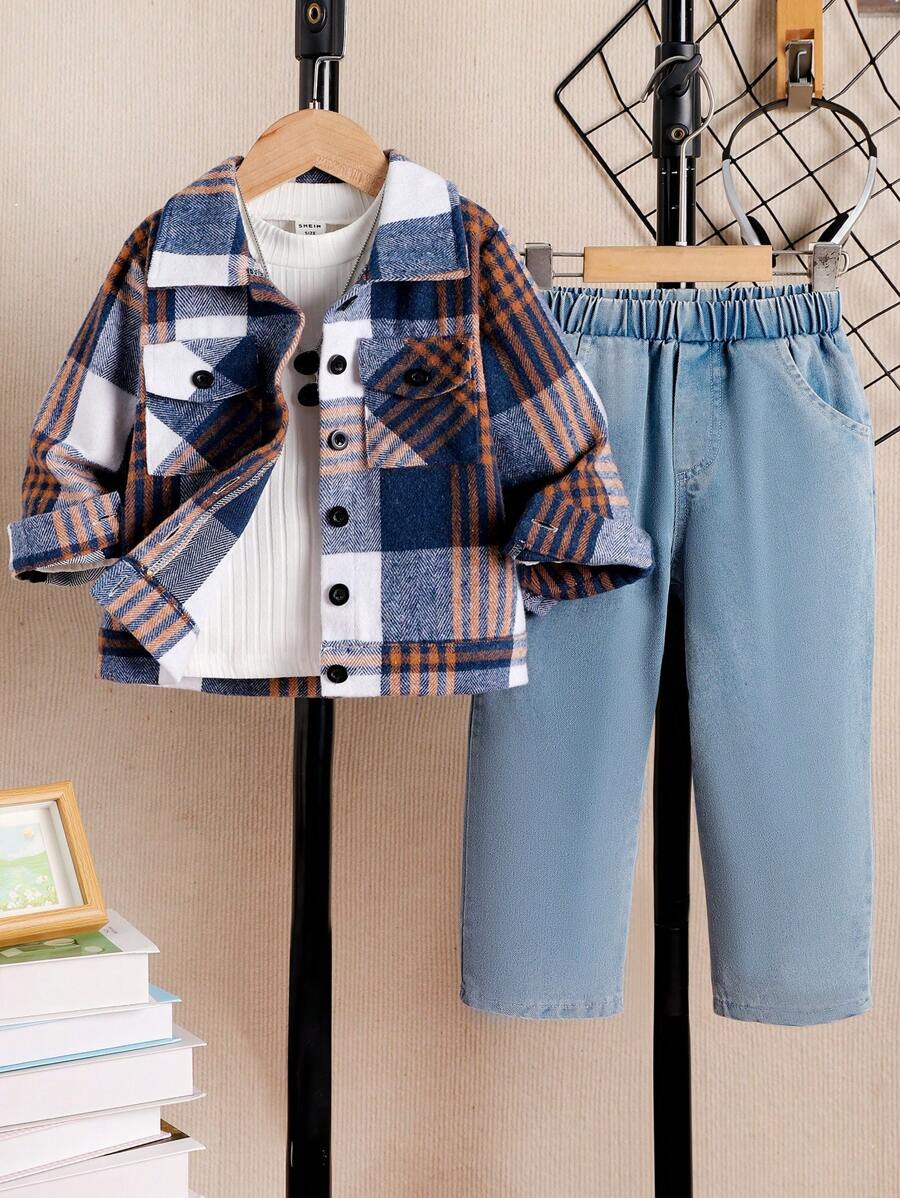 Bộ 2 áo sơ mi kẻ caro dài tay dày dặn và quần denim cho bé trai, mùa xuân và thu - Nhiều màu - Xem 1