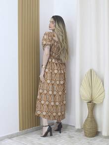 Printed A-Line Crepe Dress 40-46 With Lining And Stretch 9837EST - 駝色 - 查看 2
