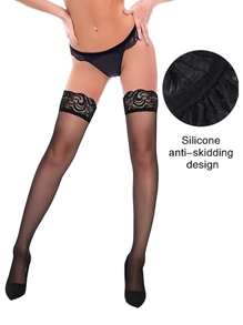 1 Cặp Vớ Ren Ren Sexy Chân Dài Chống Trượt Silicone Cao Vớ Trên Đầu Gối Vớ Sexy - màu đen - Xem 4