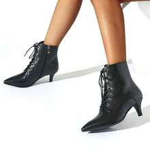 Women's Black Kitten Heels Ankle Boots Pointed Toe Boots High Heeled Lace Up Short Boots Side Zipper Booties For Dress Party - black-2 - View 3