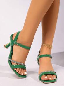 Women's High Heel Open Toe Non-Slip Sole Rhinestone Decor Slingback Sandals, Square Toe Green, Fashion Party Shoes, Suitable For Holidays, Beaches And Comfort - Green - View 3