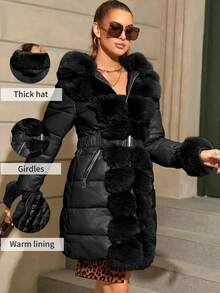 Giolshon 女士时尚仿毛皮饰边长款连帽加厚外套 - 奢华修身冬季夹克 - 黑色 - 查看 5