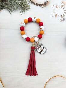1pc Christmas Wooden Bead, Solid Color Silicone Bead, Tassel, Acrylic Santa Sock, Elderly, Bell, Snowman Charm Wristlet Keychain, Bag Pendant, Christmas Gift - Multicolor - View 13