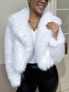 Solid Color Lapel Open Front Short Fluffy Coat - White - View 3