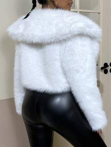 Solid Color Lapel Open Front Short Fluffy Coat - White - View 5