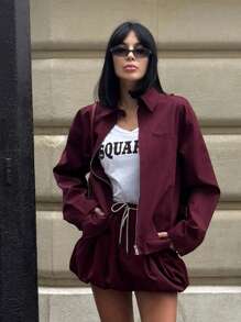 女士秋季新款时尚外套酒红色翻领长袖口袋拉链女式街头风格夹克 - 酒紅色 - 查看 4