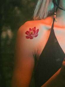 1pc Washable Temporary Tattoo, Chinese Style Colorful Lotus Flower Design, Suitable For People, Waterproof And Sweat Proof For Daily Use - Multicolor - View 4