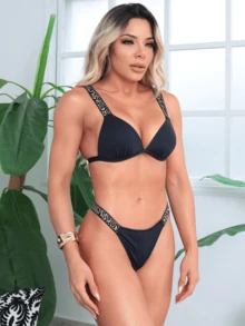 Bikini With Stylized Strap And Polyamide Woven String Panties - 顏色隨機傳送 - 查看 11