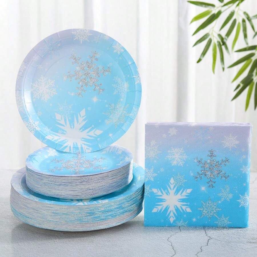 Schneeflocken Party Zubehör Set, Verlaufende Schneeflocken Einwegpapier Teller und Servietten, Party Dekorationen - Einweg Schneeflocken Party, Geburtstag, Feier Dekorations Geschenke, Weihnachten - Verschiedenfarbig - Übersicht 1