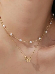 2 件金色仿珍珠项链和蝴蝶结项链多层项链女士金色蝴蝶结项链简约情人节 - 彩色 - 查看 8