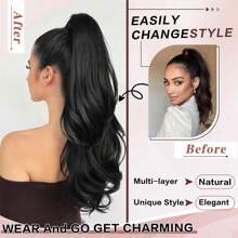 26" Long Ponytail Extension, Drawstring Ponytail Extension For Women Long Wavy Layered Pony Tails Hair Extensions Synthetic Clip In Ponytail Hairpiece For Women - màu đen - Xem 2