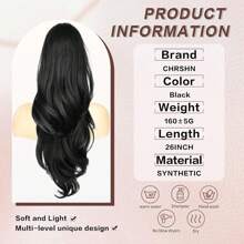 26" Long Ponytail Extension, Drawstring Ponytail Extension For Women Long Wavy Layered Pony Tails Hair Extensions Synthetic Clip In Ponytail Hairpiece For Women - màu đen - Xem 3