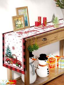 1pc Christmas Table Runner, Solid Color Christmas Tree, Black & Red Plaid Border, Red Mini Car & 3 Gnomes Graphic Theme, "Merry Christmas", Made Of Polyester Fabric, For Winter Holiday Family Party, Restaurant & Living Room Table Decor - Multicolor - View 7