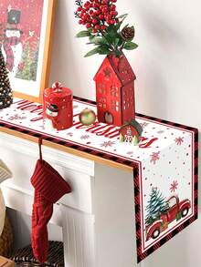 1pc Christmas Table Runner, Solid Color Christmas Tree, Black & Red Plaid Border, Red Mini Car & 3 Gnomes Graphic Theme, "Merry Christmas", Made Of Polyester Fabric, For Winter Holiday Family Party, Restaurant & Living Room Table Decor - Multicolor - View 8