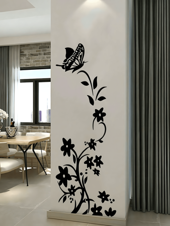 1PC Creative Black Butterfly Floral Vine Self-Adhesive Fridge Wall Sticker For Living Room Bedroom Home Decoration, Stickers, Wall Decal, Vinyl Decal For Home Decorations, Spring Decoration Items Refresh Your Home, Festival Decoration Stickers Gifts Birthday Graduation